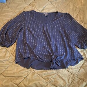 NYC Blue and White 3/4 Sleeve Tie Front Blouse